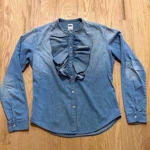NSF Light Blue Denim Ruffle-Front Button-Down Shirt